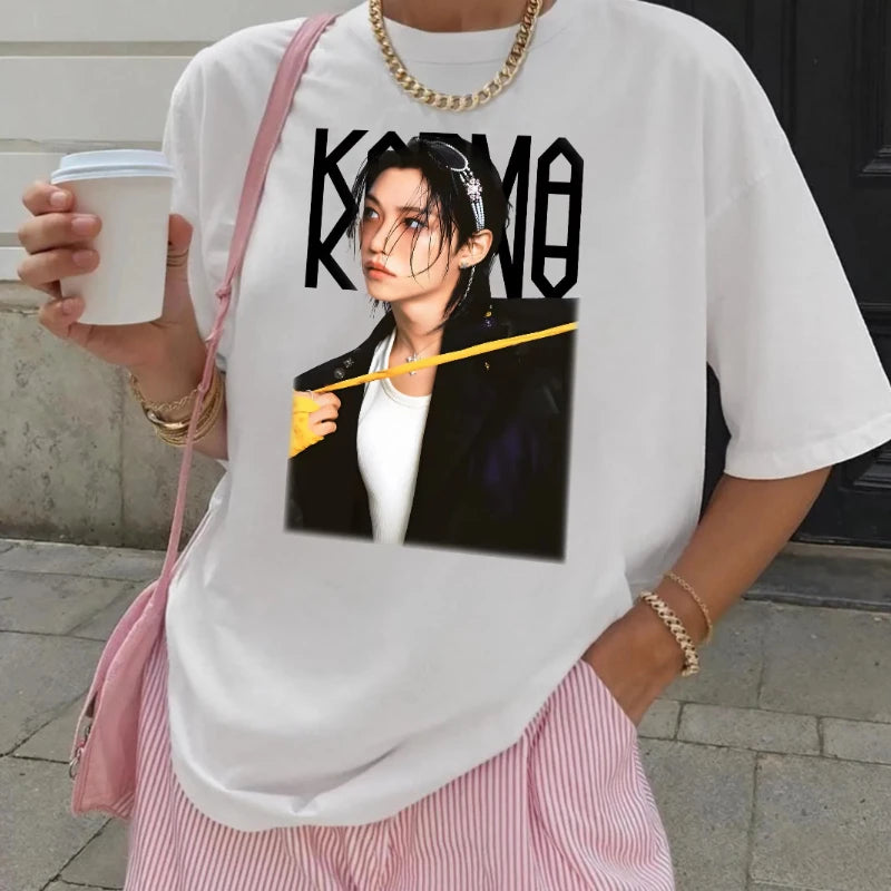 KPOP The 4th Album KARMA T Shirt CHANGBIN HYUNJIN FELIX Korean Fashion 100% Cotton Hip Hop Tee Shirt Harajuku Tops Streetwear