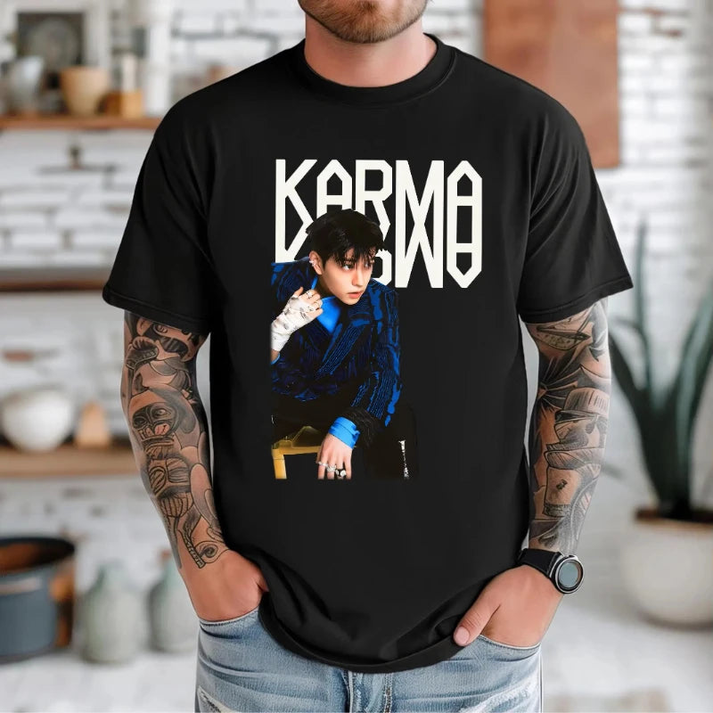 KPOP The 4th Album KARMA T Shirt CHANGBIN HYUNJIN FELIX Korean Fashion 100% Cotton Hip Hop Tee Shirt Harajuku Tops Streetwear