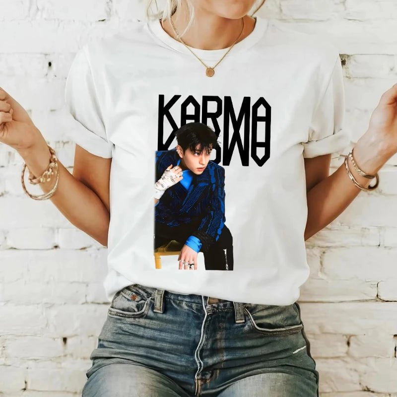 KPOP The 4th Album KARMA T Shirt CHANGBIN HYUNJIN FELIX Korean Fashion 100% Cotton Hip Hop Tee Shirt Harajuku Tops Streetwear