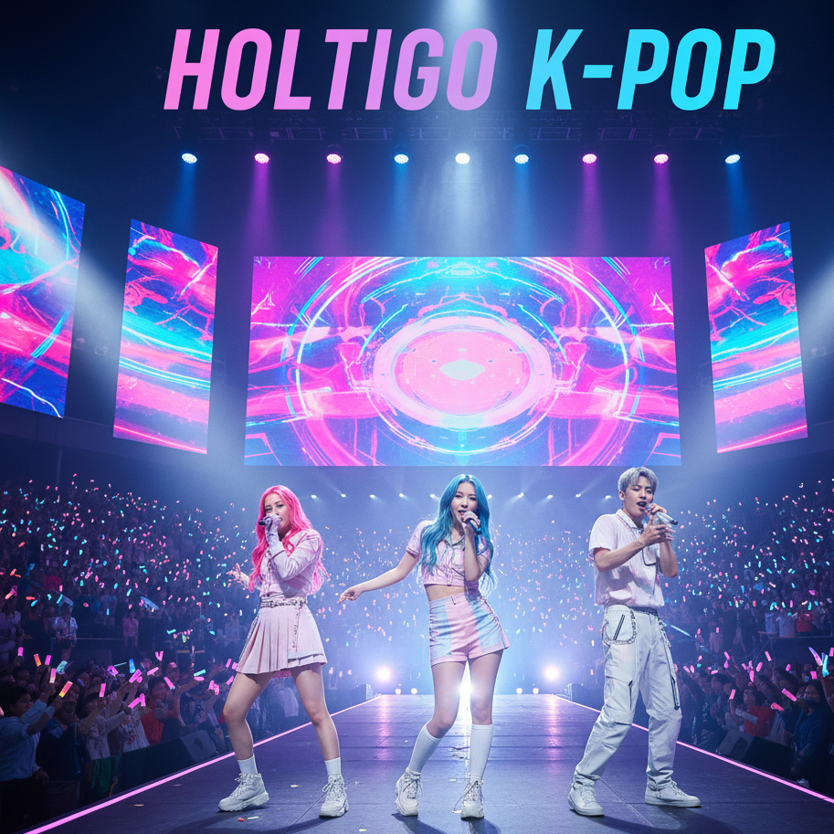 Three people on stage with colorful lights and 'Holtigo K-Pop' branding.